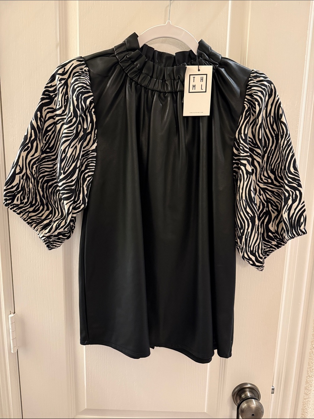 THML Black Faux-Leather Blouse with Zebra Puff Sleeves